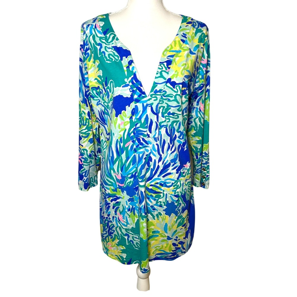 Lilly Pulitzer Mini Dress Brillant Blue Wade & Sea 100% Pima Cotton V-Neck XL *